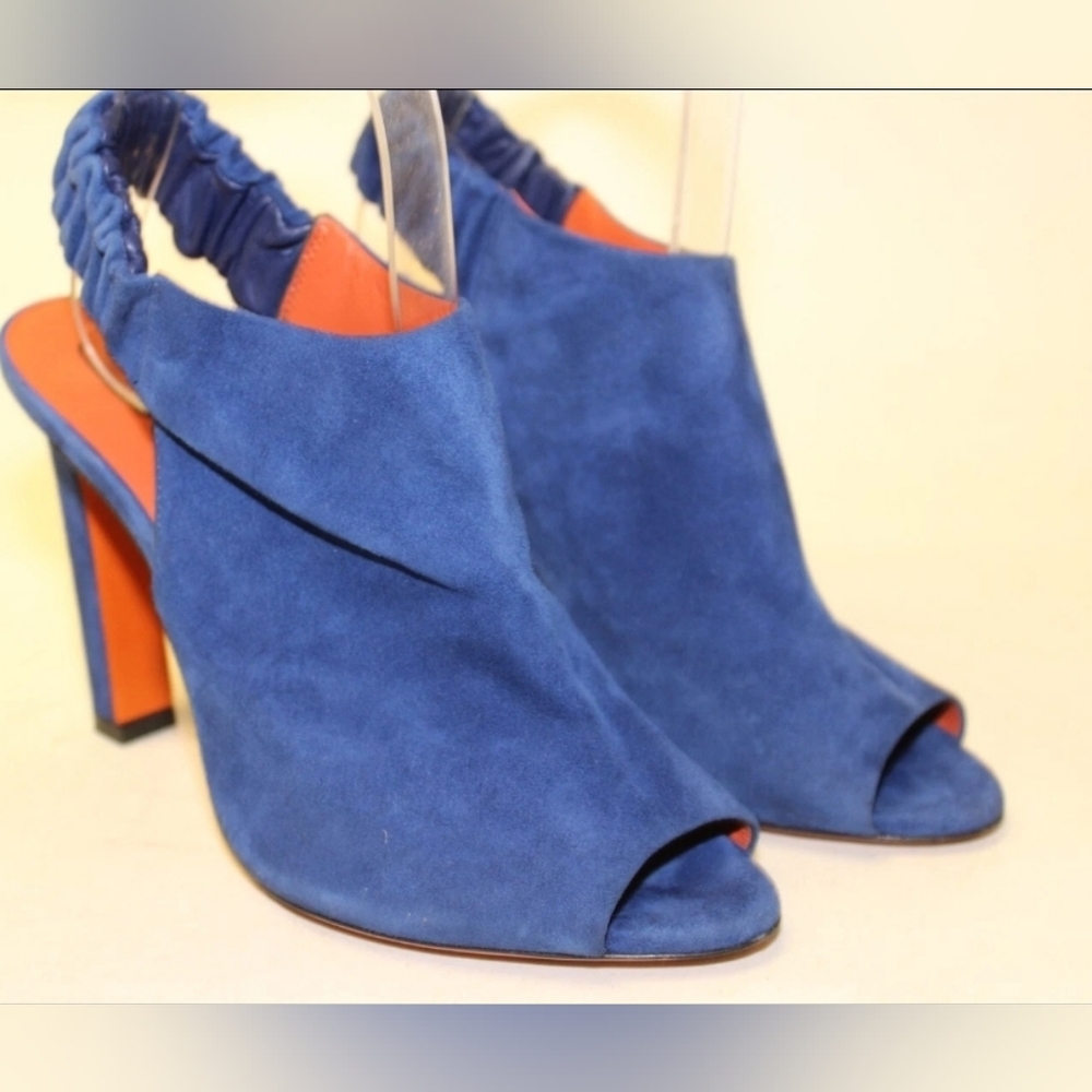 Santoni Italy Made Luxury Blue Suede Slingback Peep Toe Heels SANDALS Shoes 37 7 - Picture 7 of 16